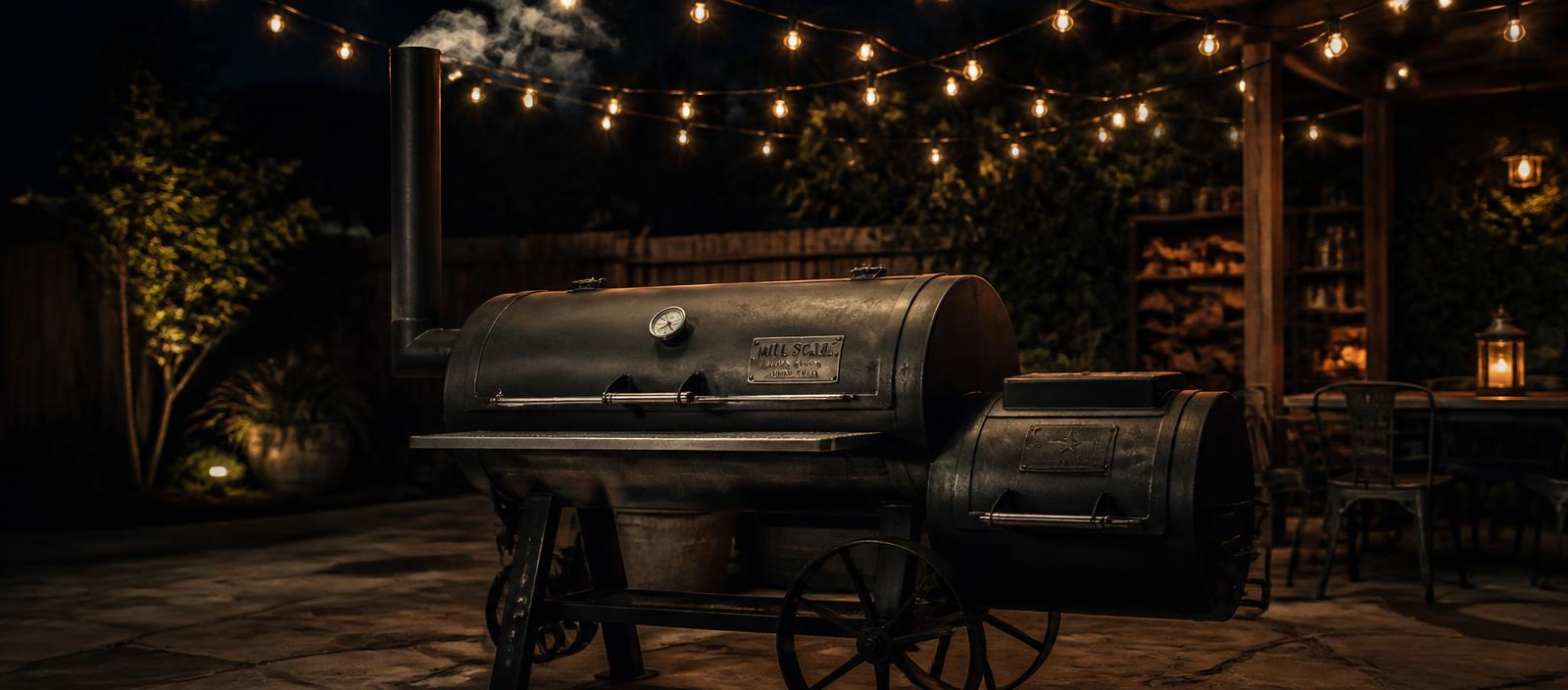 Handcrafted steel offset smoker on a backyard patio under string lights at night
